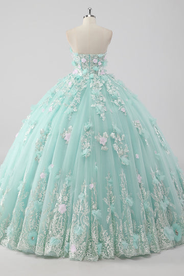Robe de bal princesse menthe bustier tulle Quinceanera Robe avec fleurs 3D